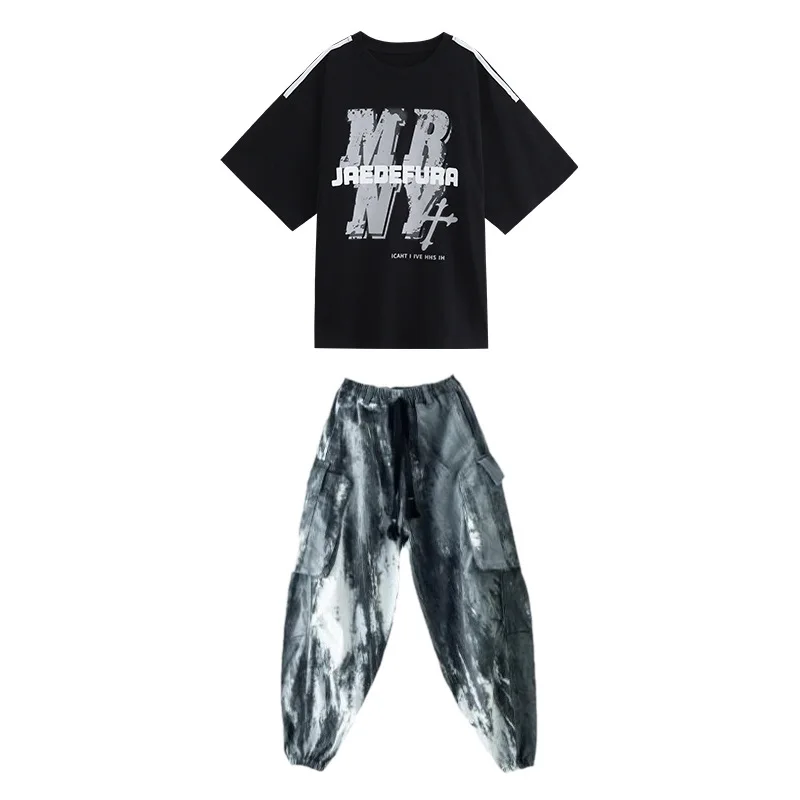 子供用半袖Tシャツ,ジャズダンス服,ヒップホップの衣装,黒の帽子,4〜15歳,夏