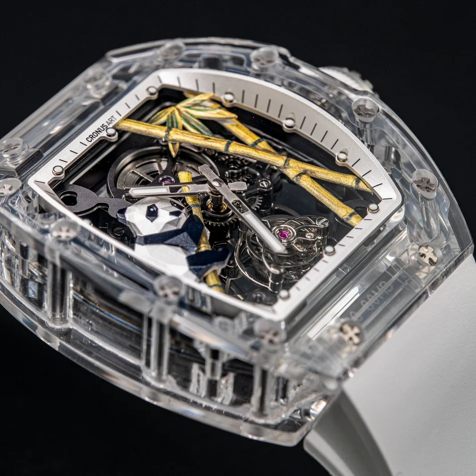 CRONUSART Männer Tourbillon Uhr Tonneau Automatische Mechanische Armbanduhr Saphir Fall Leucht Fluororubber Strap Skeleton Panda