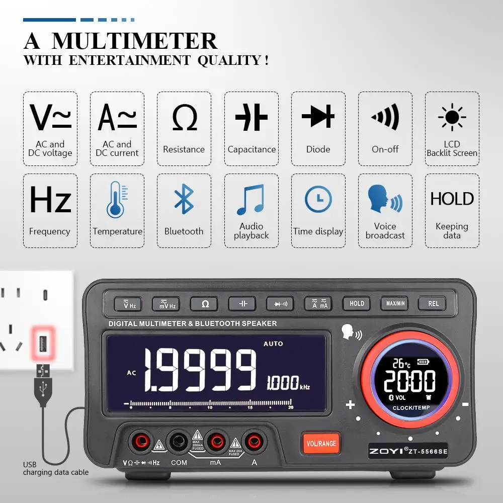 ZT-5566SE Mini Desktop Digital Multimeter, 19999 Count, Auto Range, Dual LCD Display, AC/DC Meter, True RMS, with e-Bull APP, Bl