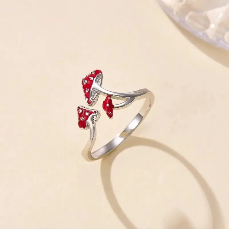 Bonito diseño de seta roja, anillo abierto ajustable, anillos de seta, regalo de cumpleaños y Navidad, regalos de joyería para fiesta de aniversario para mujer