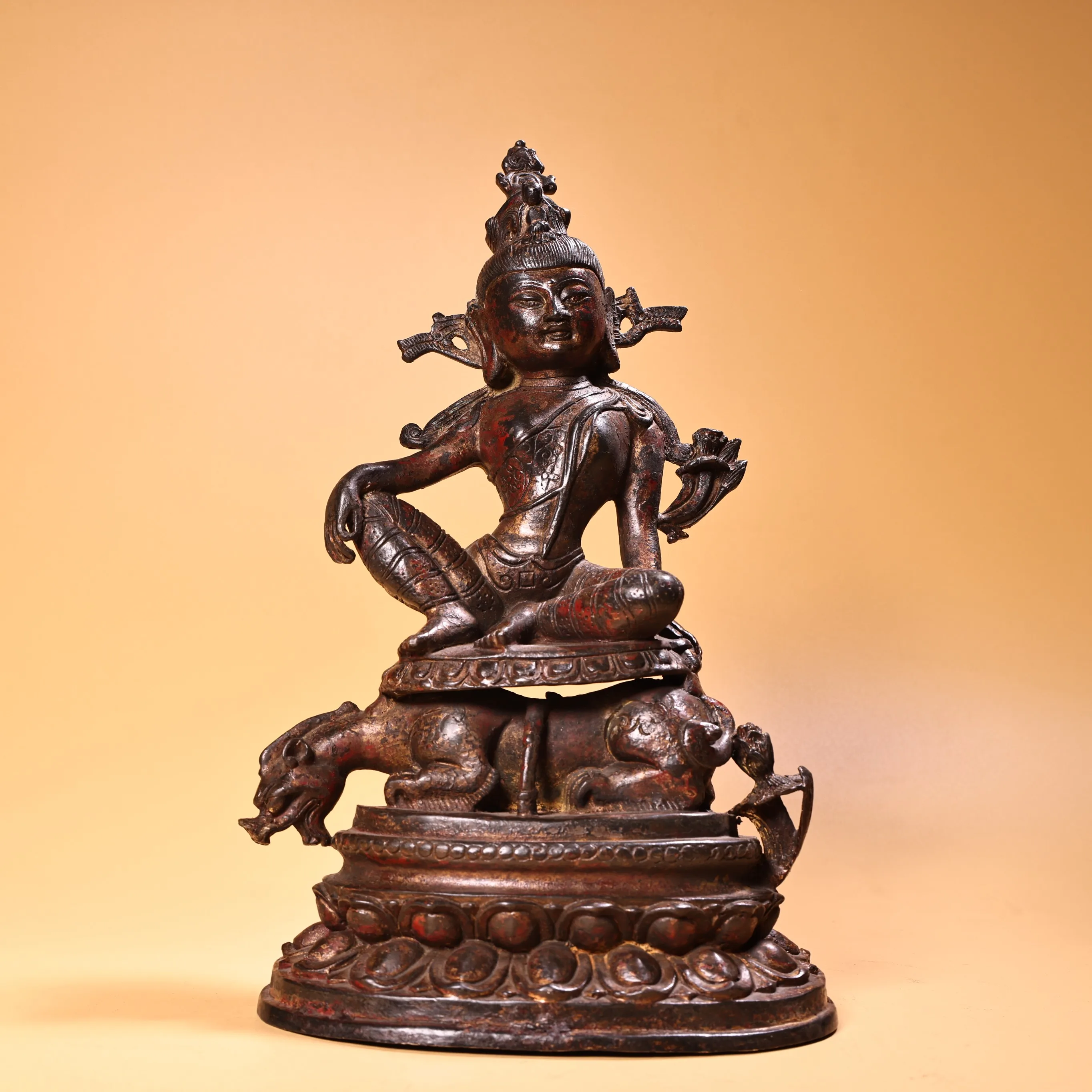 

11"Tibetan Temple Collection Old Bronze Cinnabar Mud gold Manjusri Bodhisattva Buddha Divine Beast Buddha Platform Worship Hall