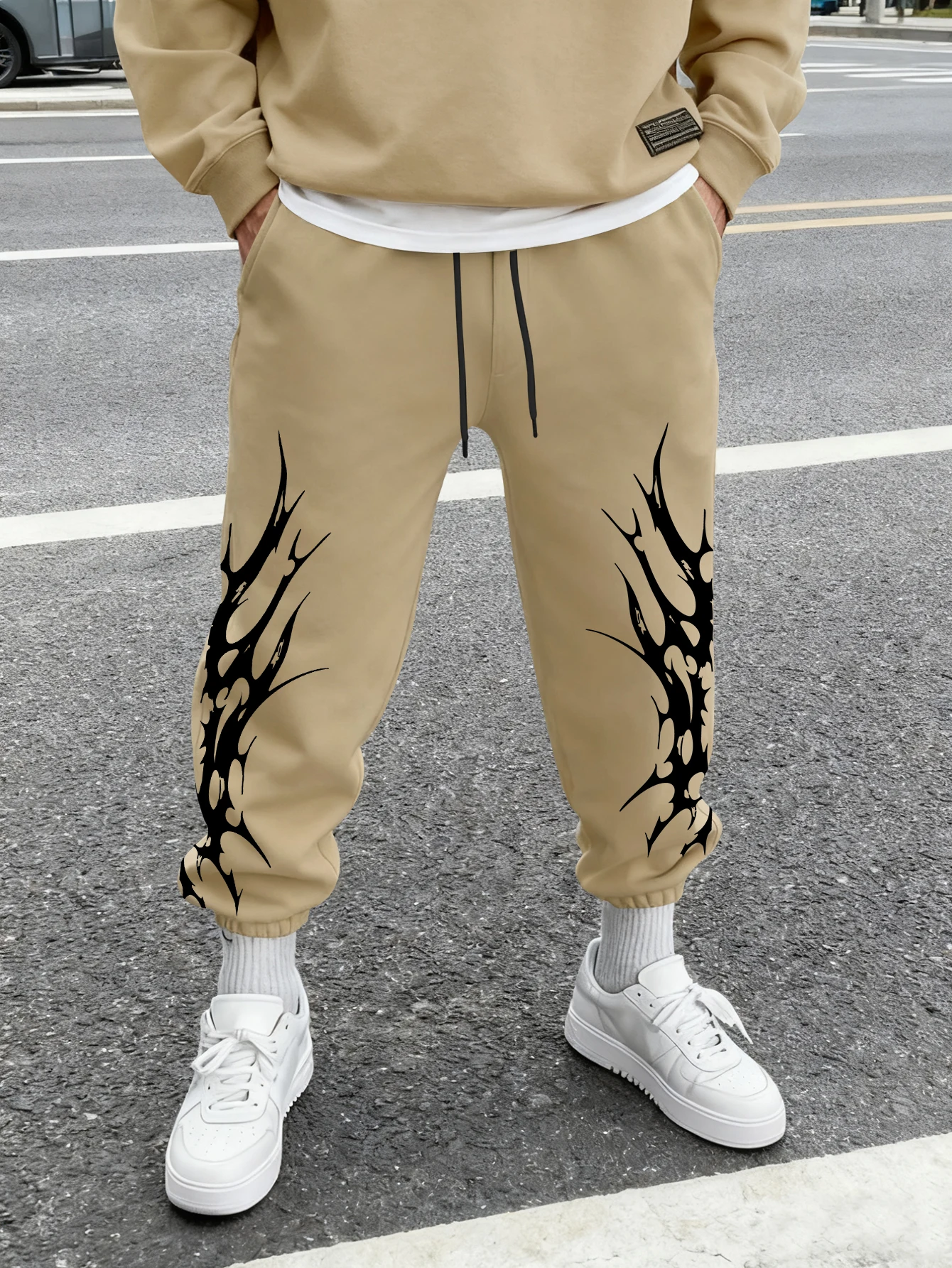 Men Jogger Sweatpants Gothic Tribal Thorn Pattern Side Print Drawstring Elastic Cuff Streetwear Trousers