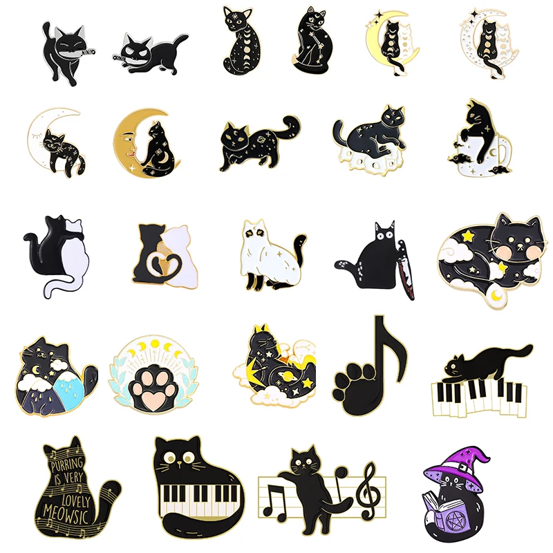 Cat Brooch Black Cat Brooch Halloween Wizard Hat Couple Cat Sun Moon Cat Brooch Black White Cat Alloy Enamel Badge Lapel Pins