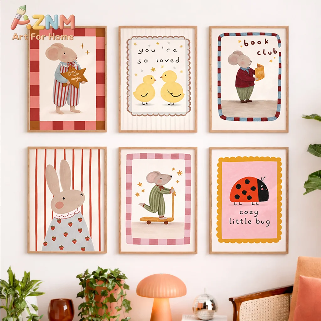 Vintage Cute Creature Wall Poster Frameless, Cartoon Mouse Rabbit Ladybug Duck Art Print, Home Decor Wall Hanging Picture