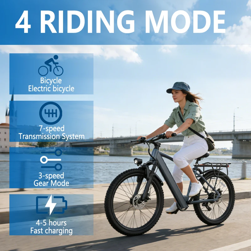 

Electric Mountain Bike with 250W Motor 25-Mile Range for Commuting Features 36V 10.4Ah Battery 7-Speed Transmission System