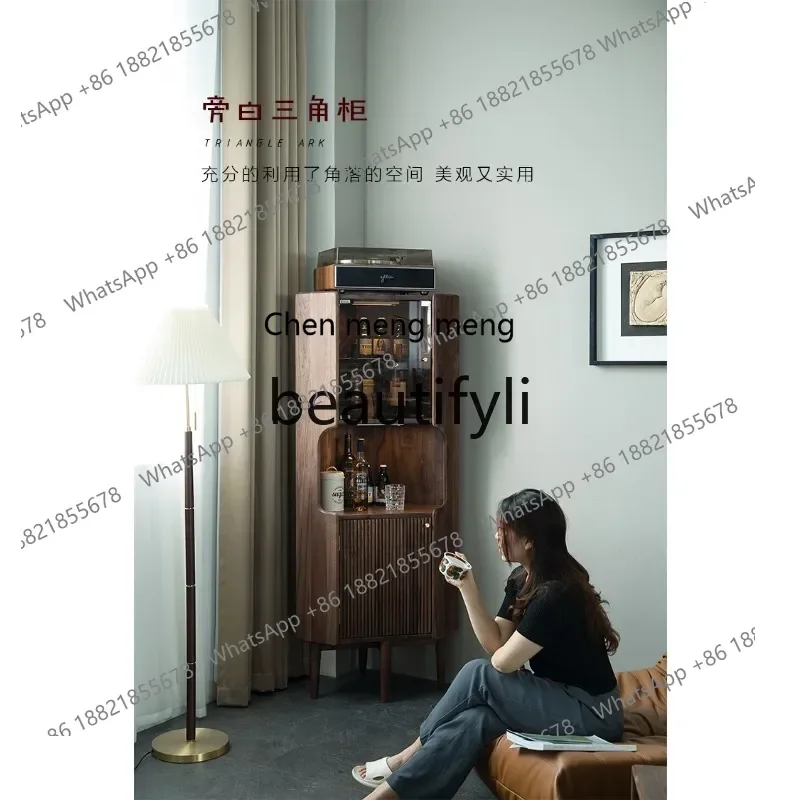 2003Black walnut triangle cabinet Nordic solid wood corner wine cabinet Living room side locker