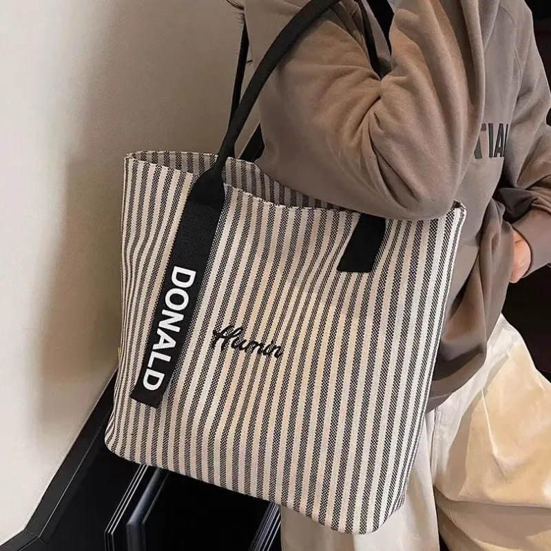 

​​Nautical Stripe Canvas Tote Women Heavy Duty Shoulder Bag Student Commuter Essential Water Resistant Classroom Notebook Sleeve