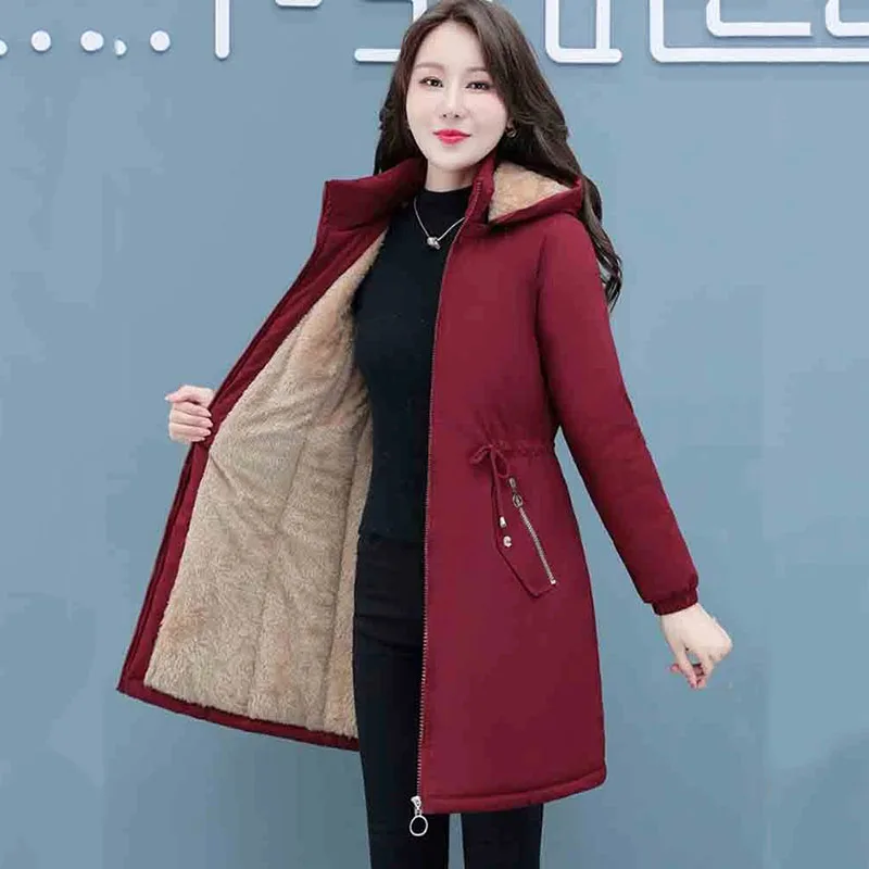 New Womens Padded Jacket Long Hooded Parker Overcoat Plus Velvet Thicke Winter Warm Coat Female Korean Casual Cotton Clothes 4XL