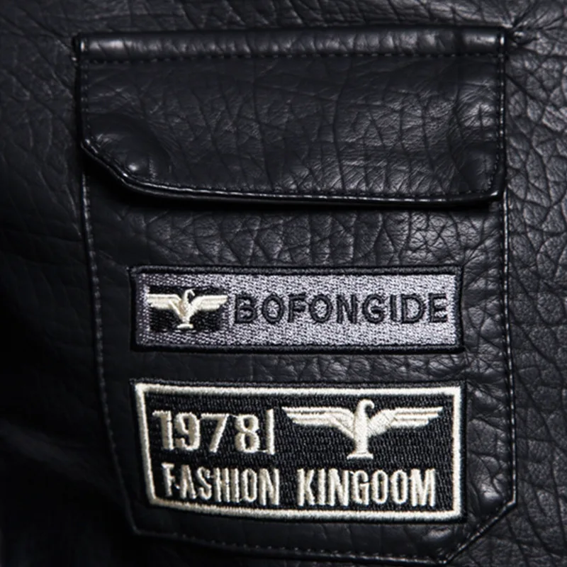 New lapel thick warm coat Men's embroidered badge motorcycle motorcycle leather Autumn winter long sleeve coat leather clothes