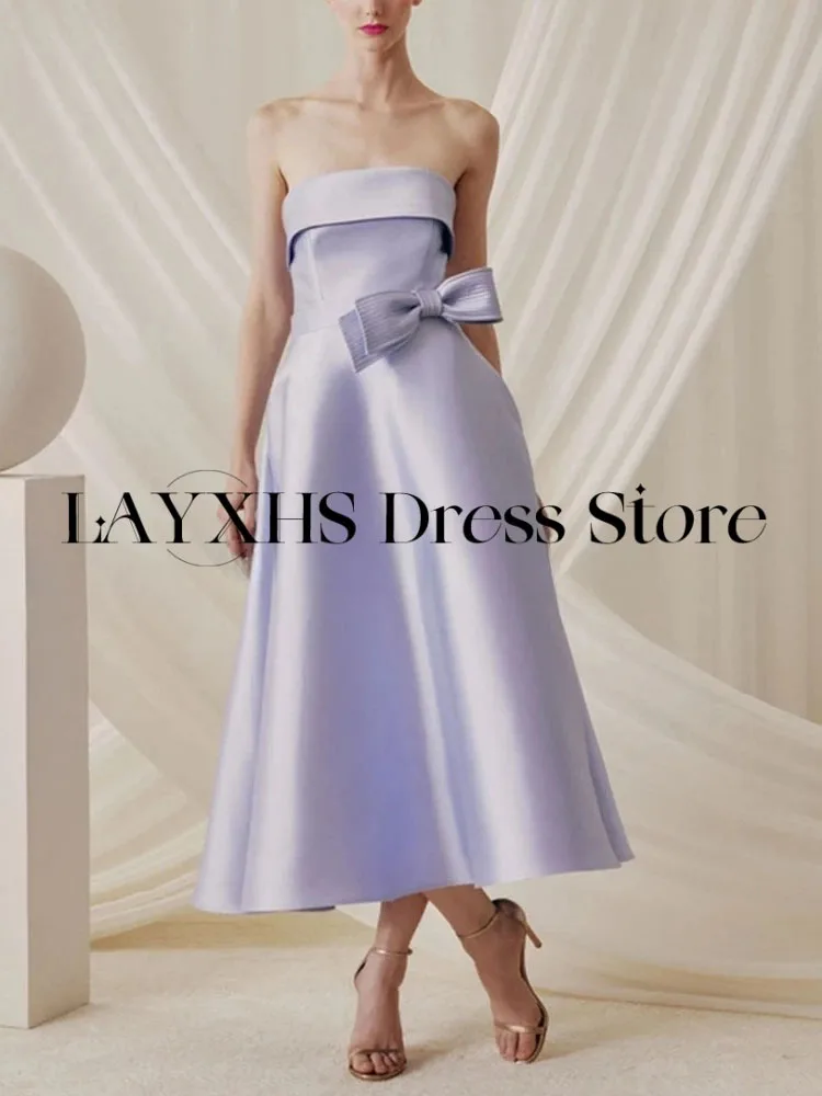 LAYXHS Simples Strapless Vestidos de Noite Roxo A Linha Arco Tornozelo-Comprimento Vestido de Baile de Festa Personalizado فستانmavera