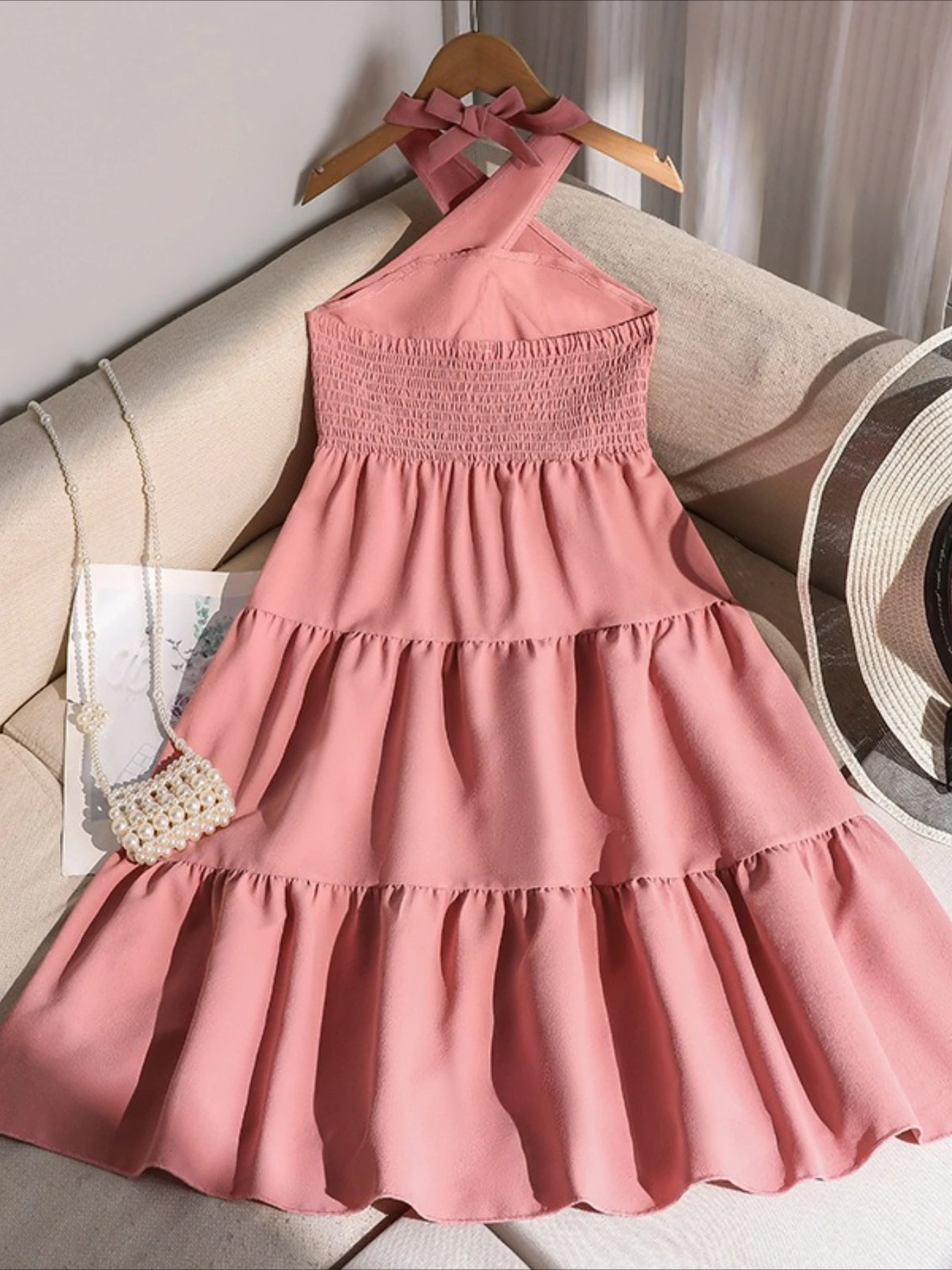 Girls' skirt, spring and summer new style, solid color, cross hanging neck, off shoulder, big swing, sweet princess skirt