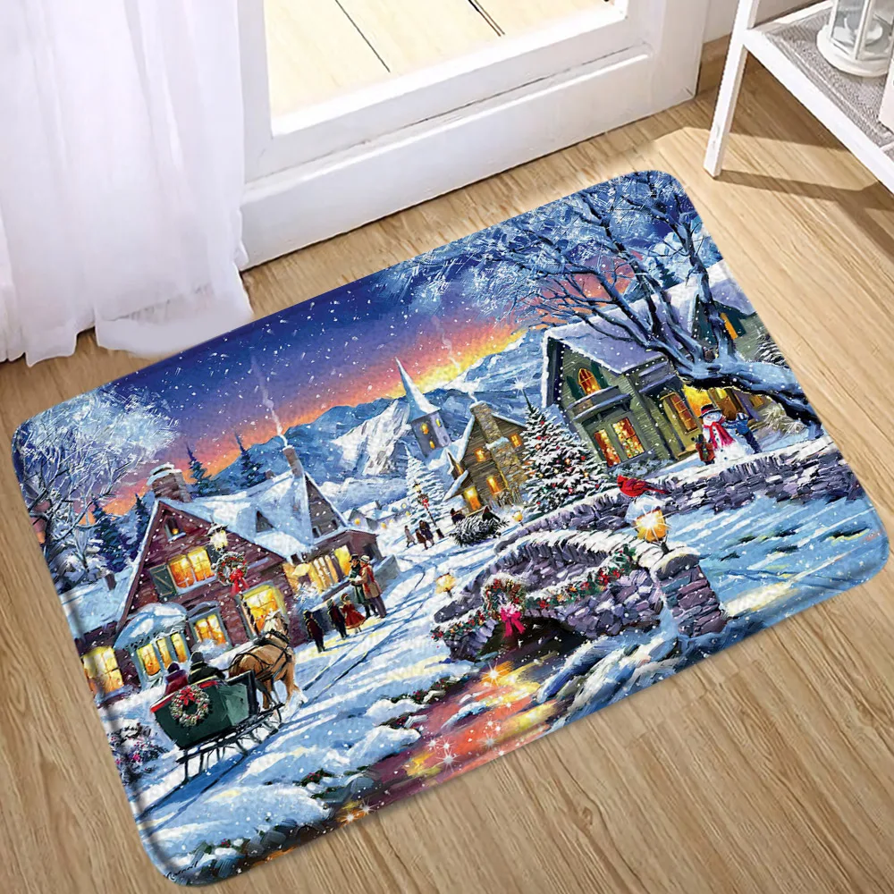 

Christmas Rug Santa Claus Reindeer Cute Snowman Winter Snow Scene Christmas Gift Bath Mat Bedroom Doormat Decoration