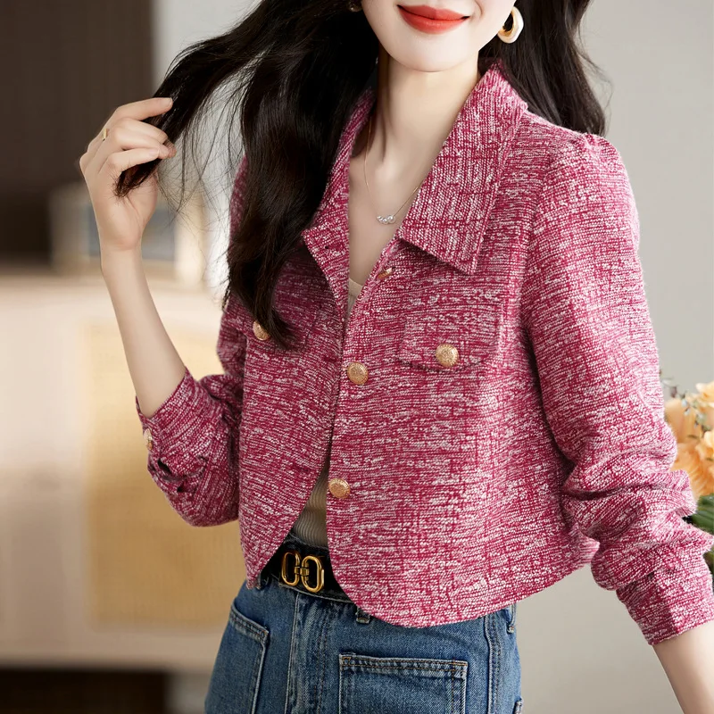 Ladies' Small Floral-style Short Jacket, 2026 New Style Wine Red Tweed Top, Double-row Gold Buckle Elegant Socialite Jacket