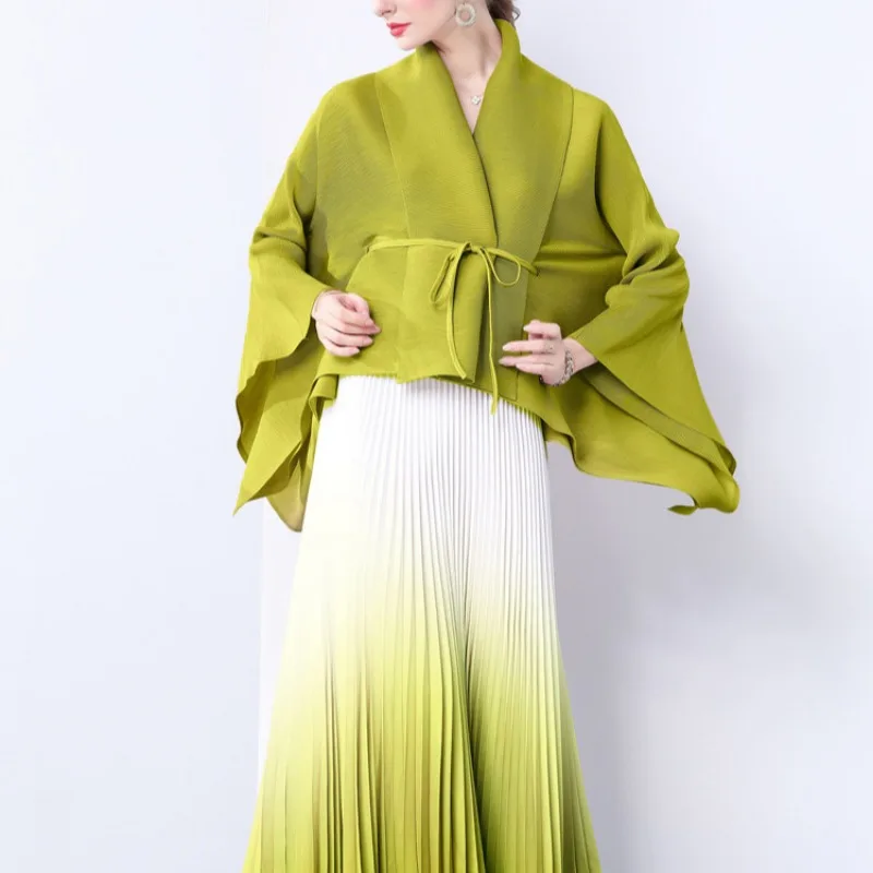 Fashion Gradient 2-Piece Set Skirt Sets Spring Autumn Loose Tie-up Waist-cinching Pleats Top High-waisted Pleated Skirts New