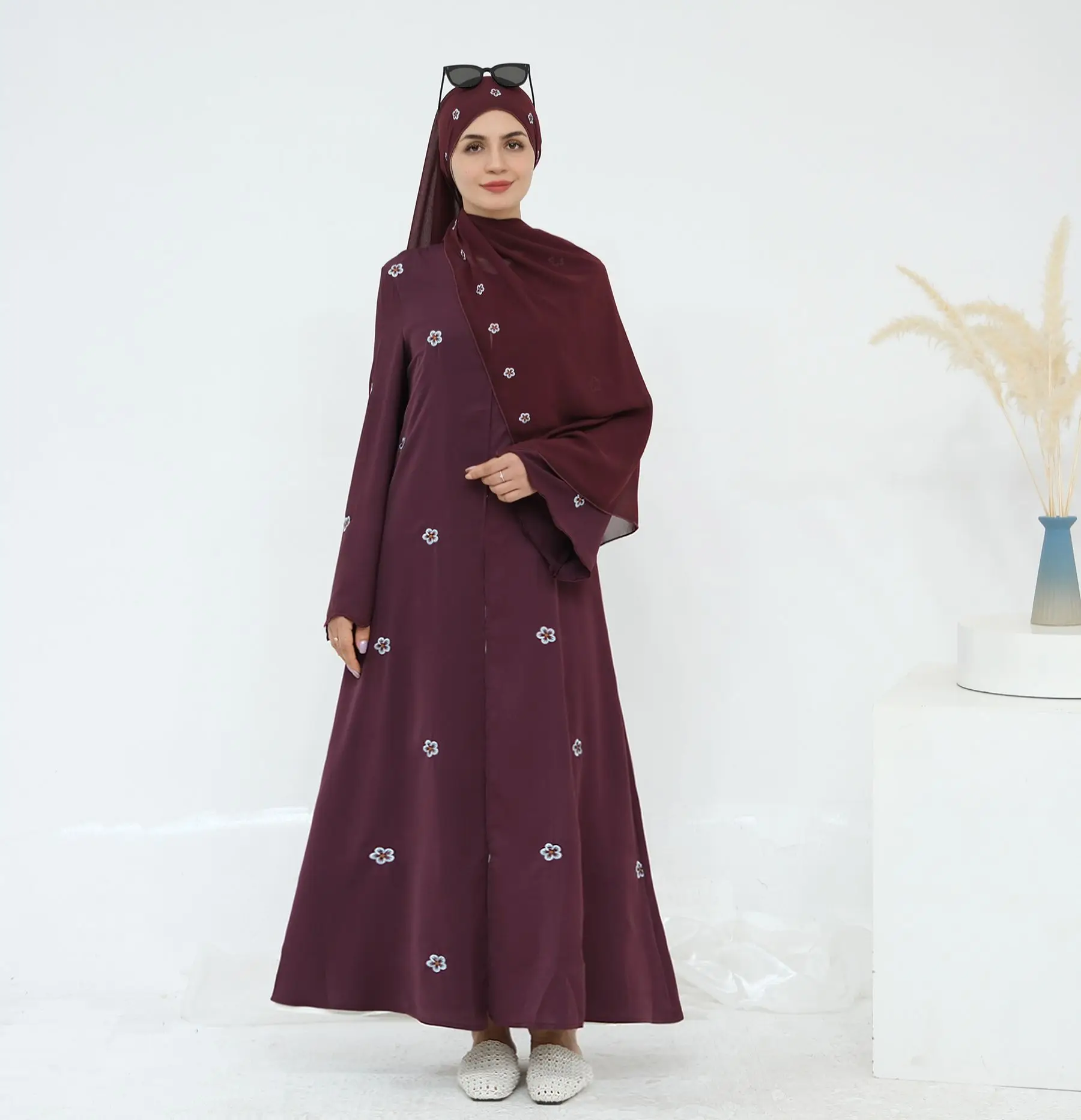 Dubai Open Abaya Moslim Hijab Jurk Set Vrouwen Borduren Kimono Jalabiya Arabisch Gewaad Lange Vest Turkije Kaftan Islam Kleding