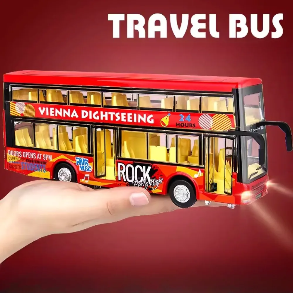 1/36 Scale Double-decker Bus Model Car Toy Alloy Diecasting Simulation Voice Broadcasting Pull Back Truck Models for Kid Present