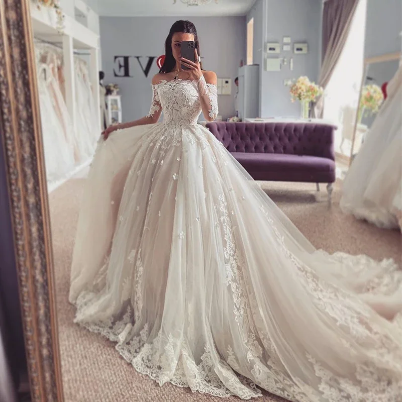 Elegante trouwjurk geborduurd kant op net met prinses baljurk boothals volledige mouw bruid vestido de novia aangepast