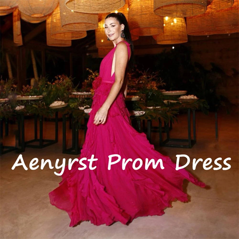 Aenyrst Deep V Neck Spaghetti Strap Cocktail Dresses 3D Flowers Pleated A Line Evening Gown Floor Length Dinner Party Dress 2024