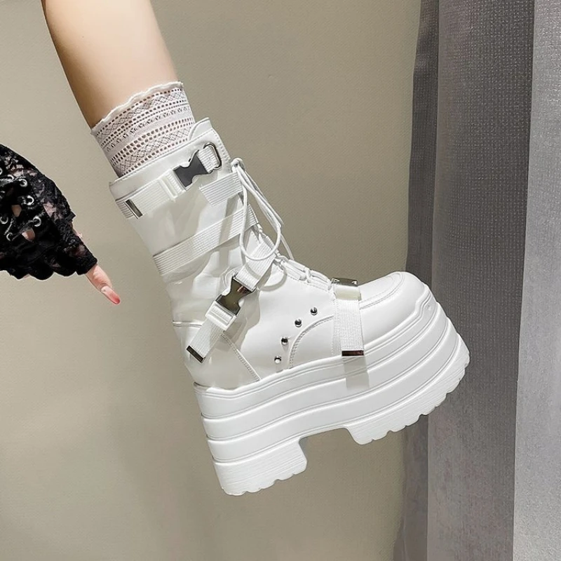 

Новый брендовый дизайн, женские готические ботинки на платформе, модные женские ботинки на высоком каблуке с металлической пряжкой в стиле панк, вечерние женские туфли для косплея