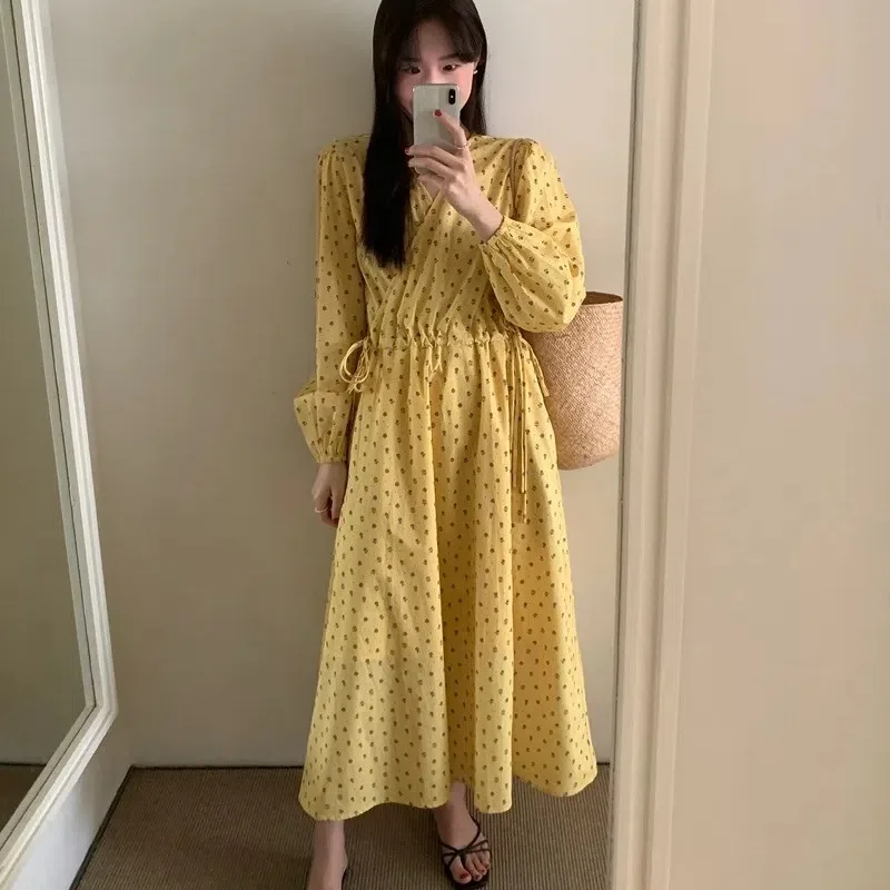 Spring Summer Women's Sweet Yellow Long Floral Dress V Neck Drawstring Waistbelt A-line Midi Vestidos Female 2025
