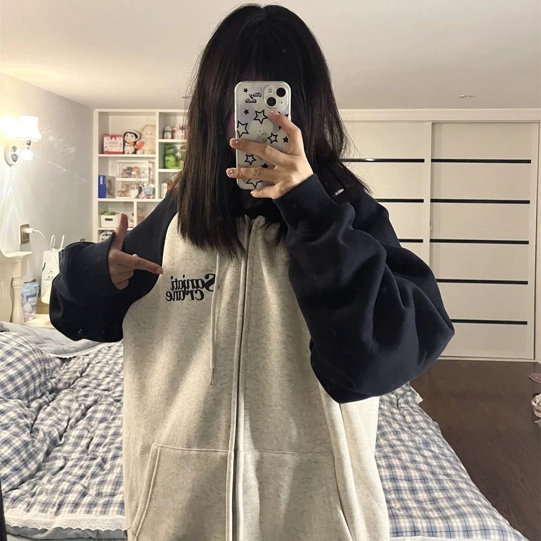 Deeptown Vintage Hoodies Women Casual Korean Preppy Style Oversized Basic Zip Up Sweatshirts Autumn Chic Female Harajuku Fashion