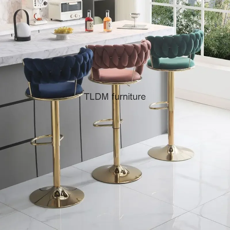 

High Quality Nordic Style Bar Stools Velvet Retro Rotatable Round Party Chairs Adjustable Height Back Tabourets De Bar Furniture