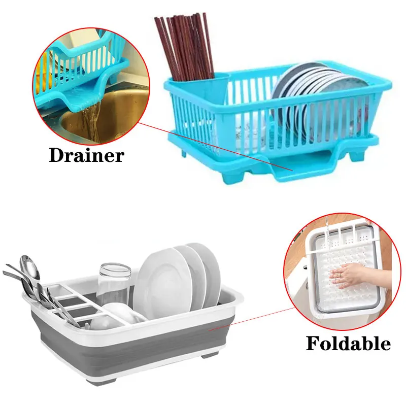 

Foldable Dish Rack Kitchen Dish Drainer Holder Rack Shelf Storage Rack Tableware Drainer Basket Sink Drying Organizer with Tray