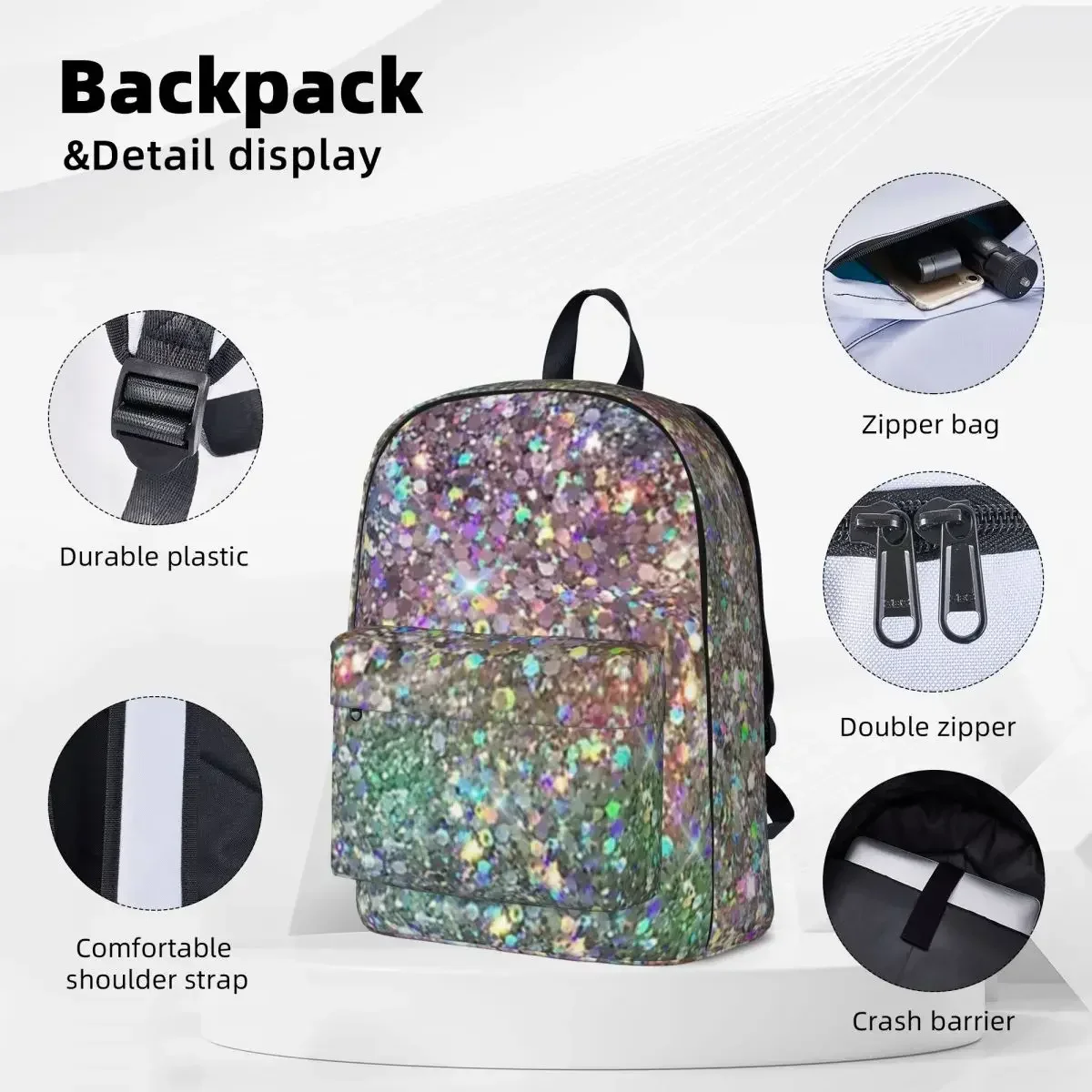 Rainbow Mixed Glitter Digital Art NOT REAL GLITTER Woman Backpacks Boys Girls Bookbag Fashion Children School Bags Portability