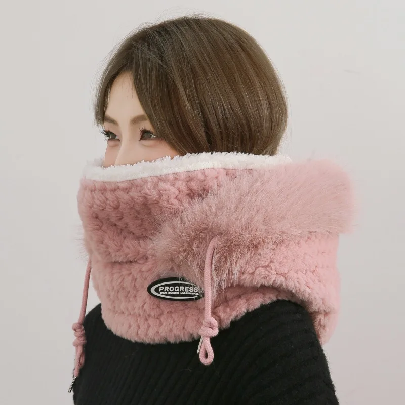 Autumn and Winter Women Thermal Plush Hat Hood Scarf and Mask Ear Protection Windproof Thick Design for Riding Outdoor
