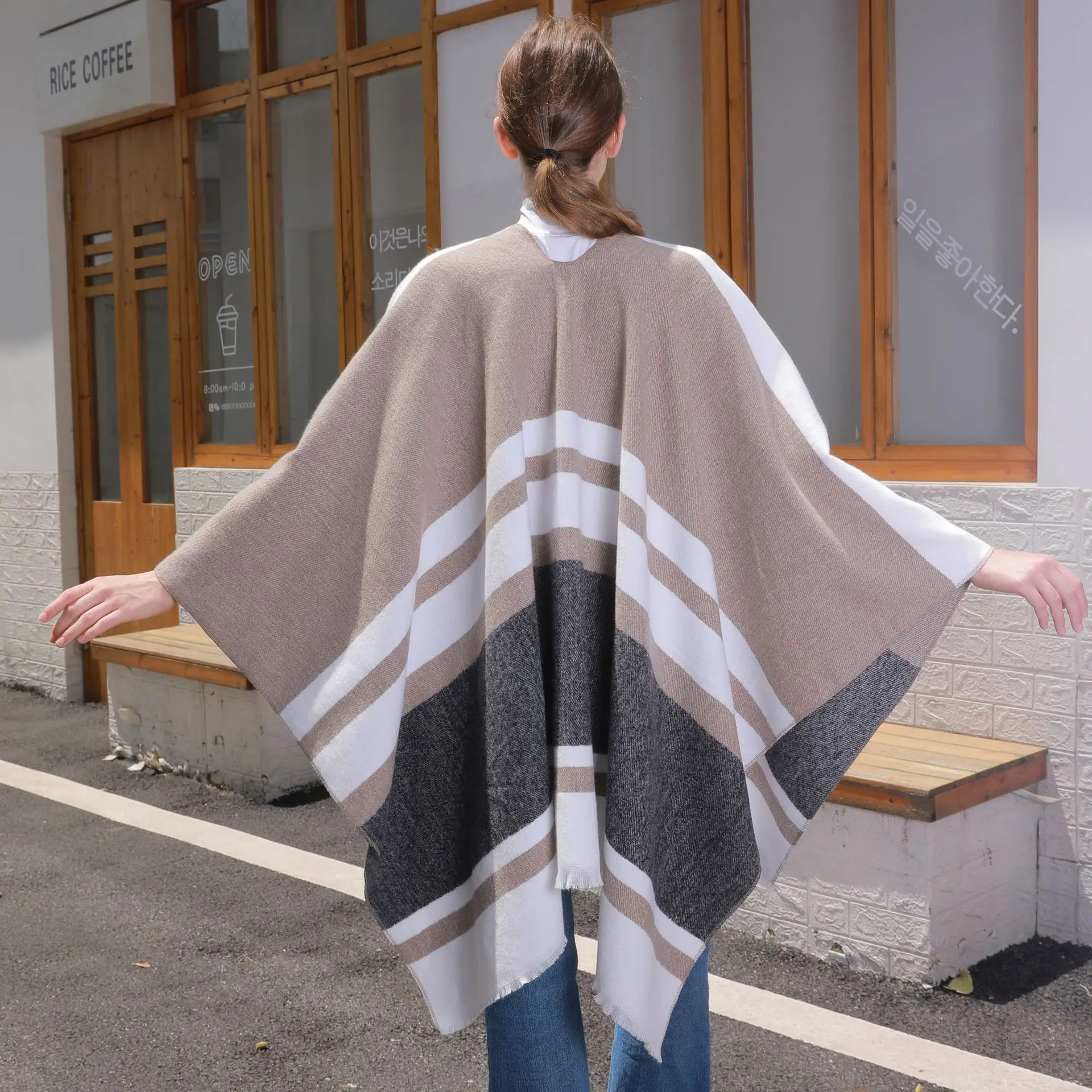 Women Autumn Faux Cashmere Jacquard Criss-Cross Streetwear Long Poncho Shawl Cape Female Striped Big Pendulum Loose Tassel Cloak