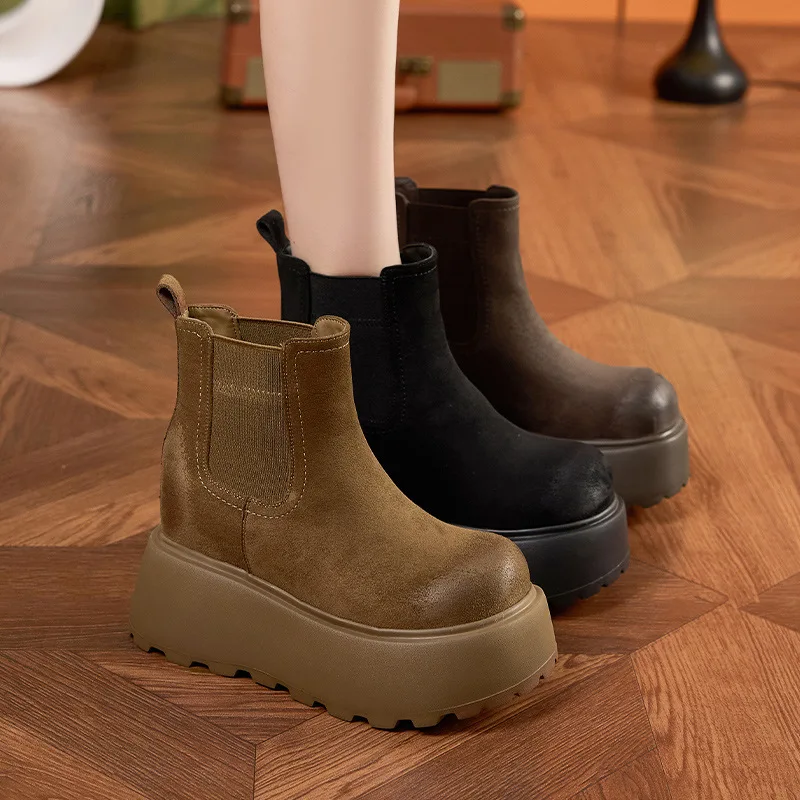 

Winter Warm Cotton Women Ankle Boots Chunky Platform Heels Punk Height Increase Plush Short Booties Shoes Zapatos Mujer