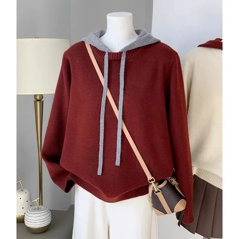 フード付きフェイクツーピース100％カシミヤセーター、ゆったりニットセーター、レディースウールベースのフーディー