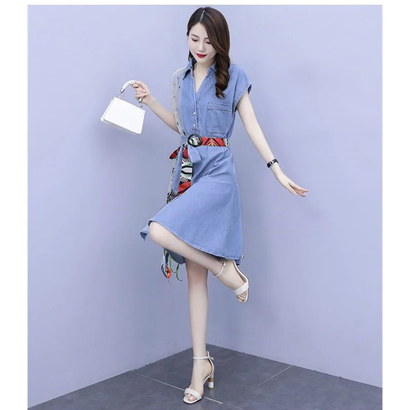 Summer 2024 New Waist-Shrinking And Slim Temperament Girl Dress Was Stitched With Gauze In Online Celebrity Denim Dress Women