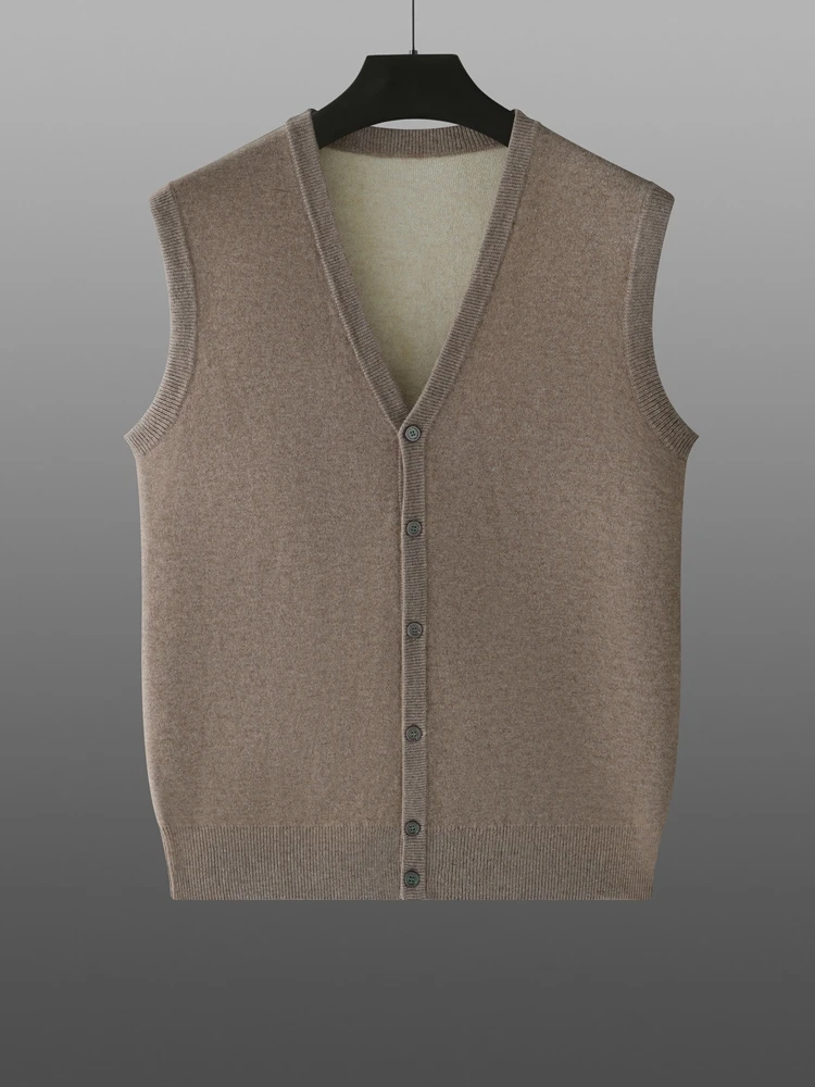 High-end Men\'s 100% Goat Cashmere Sweater V-Neck Sleeveless Cardigan Autumn Winter Thick Smart Casual Knitwear Soft Cosy Vest