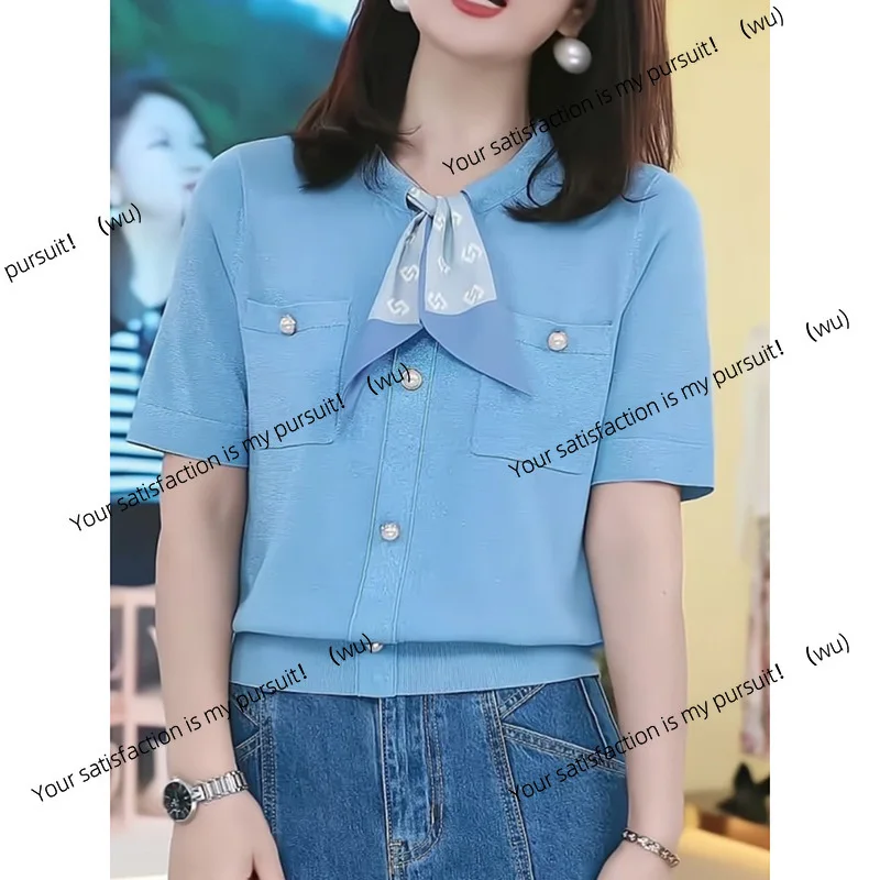 Atasan rajutan sutra Xiaoxiangfeng musim panas, tipis dan sejuk, awet muda, lengan pendek warna biru es untuk wanita