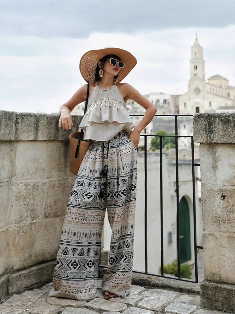 

TIYIHAILEY Wide Leg Long Pants For Women Trousers Elastic High Waist Casual Printed Bohemian 2026 New Fashion Ladies Summer