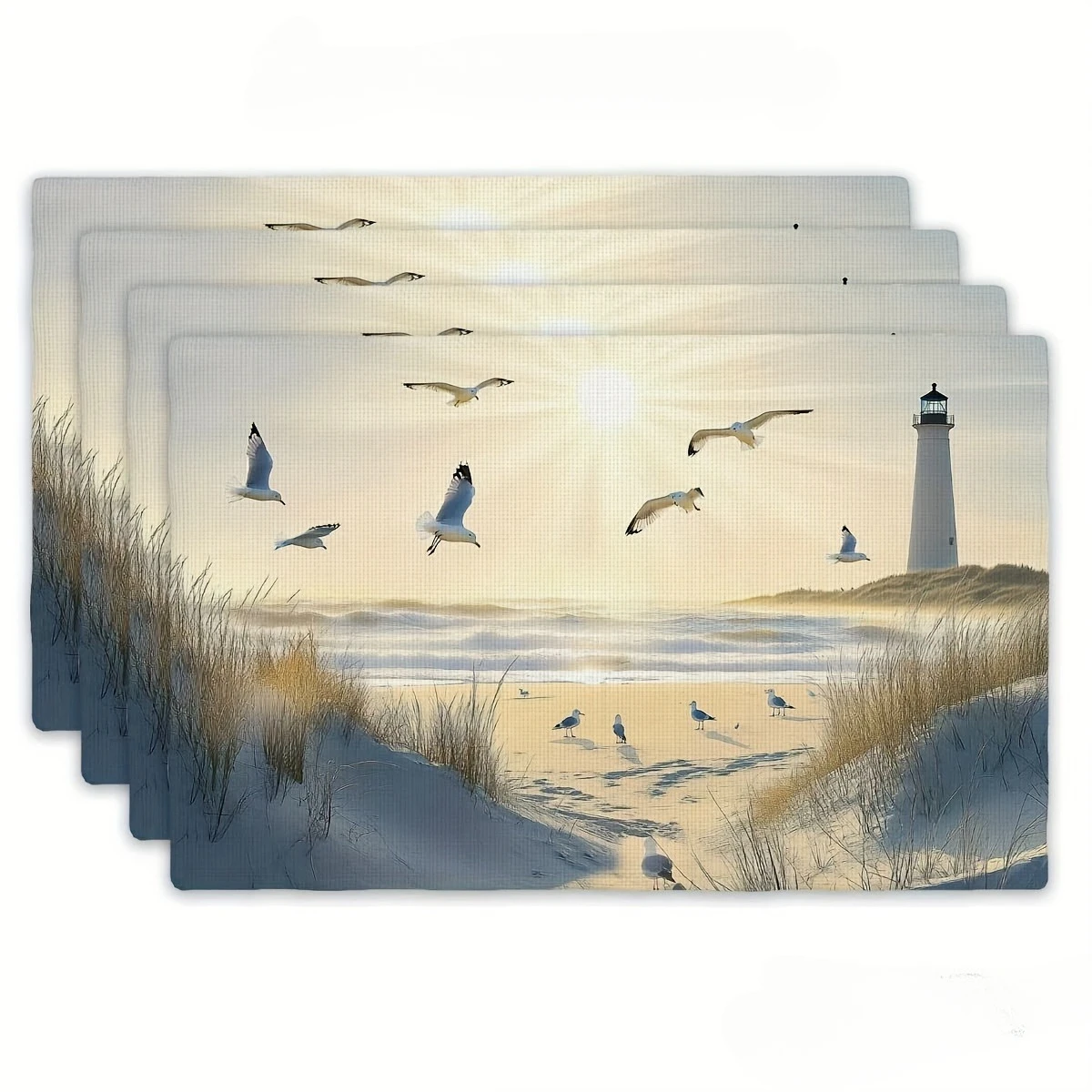 Coastal Beach Lighthouse Seagull Dune Grass Sunrise Print Rectangular Placemats Set Nautical Ocean Themed Dining Table  Mats
