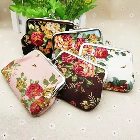 Mini plånbok väska senaste kvinnor flickor retro rosblommor tryckt hasp canvas myntväska plånböcker spänne påse mini väska present 10 best sales handväska flicka - №9
