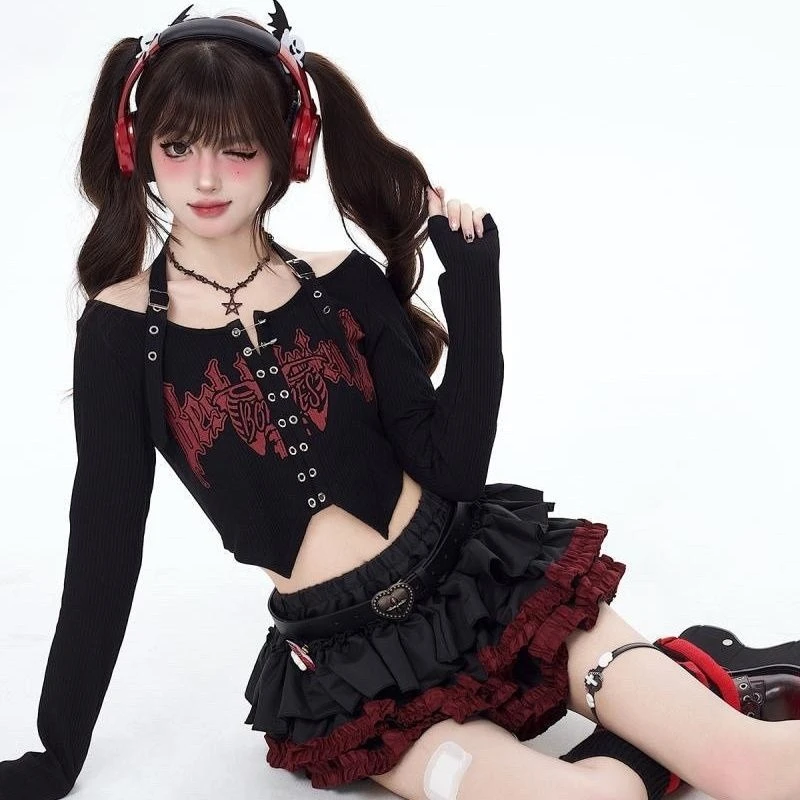 

Deeptown Gothic Y2k T-Shirts Women Vintage Harajuku Punk Long Sleeve Crop Tops Sexy Grunge Letter Print Retro Slim Up T-Shirts