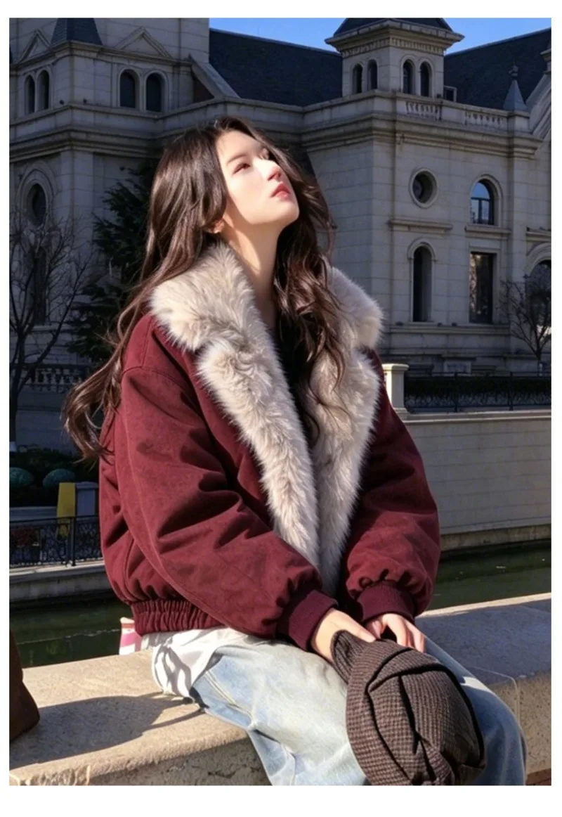 2026 Fashion Down Cotton-padded Jacket Women's Winter Coats Long Fur Collar Short Parkas Thicken Warm Streetwear Loose Outerwear