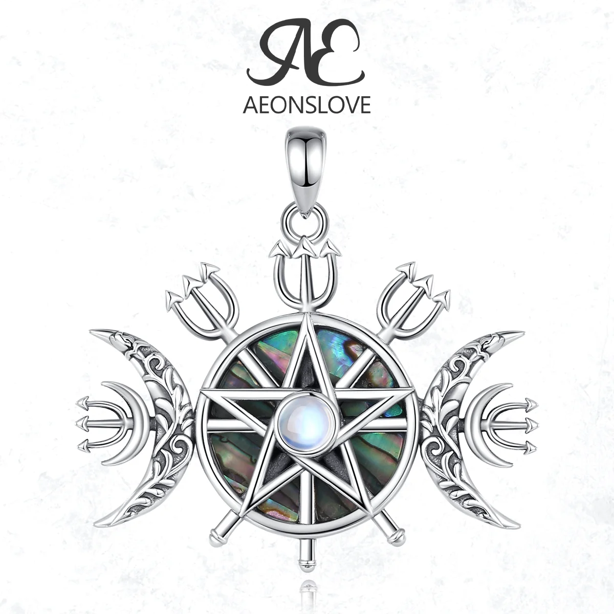 AEONSLOVE 925 Sterling Silver Hecate Triple Moon Necklace Abalone Shell Pentagram Poseidon Trident Pendant Wicca Pagan Jewelry