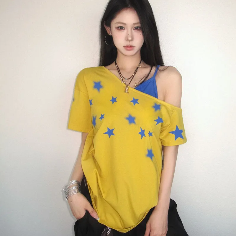 Sexy Star Printed Spliced Off Shoulder Fake Two Piece Blouses Female Clothing 2025 Summer New Loose All-match Tops Casual Shirts