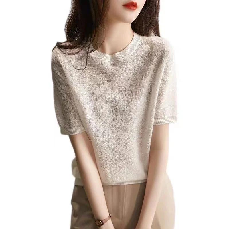 2024 Spring And Summer New Thin Bottoming Streetwear Womens Clothing Perspective Ice Silk Knitted Blouse Top White Shirt Blusas