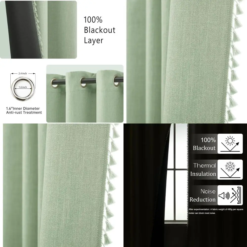 

Экологичные изолированные шторы Sage Green с кисточками, 52 x 84 для гостиной, светло-зеленая термо-звукоизоляционная сковорода-лювер