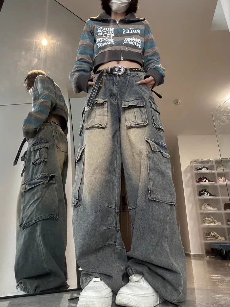 American Streetwear Cargo Jeans Women Y2K 90S Retro High Waist Washing Loose Denim Trousers Hip Hop Pockets Wide Leg Pants