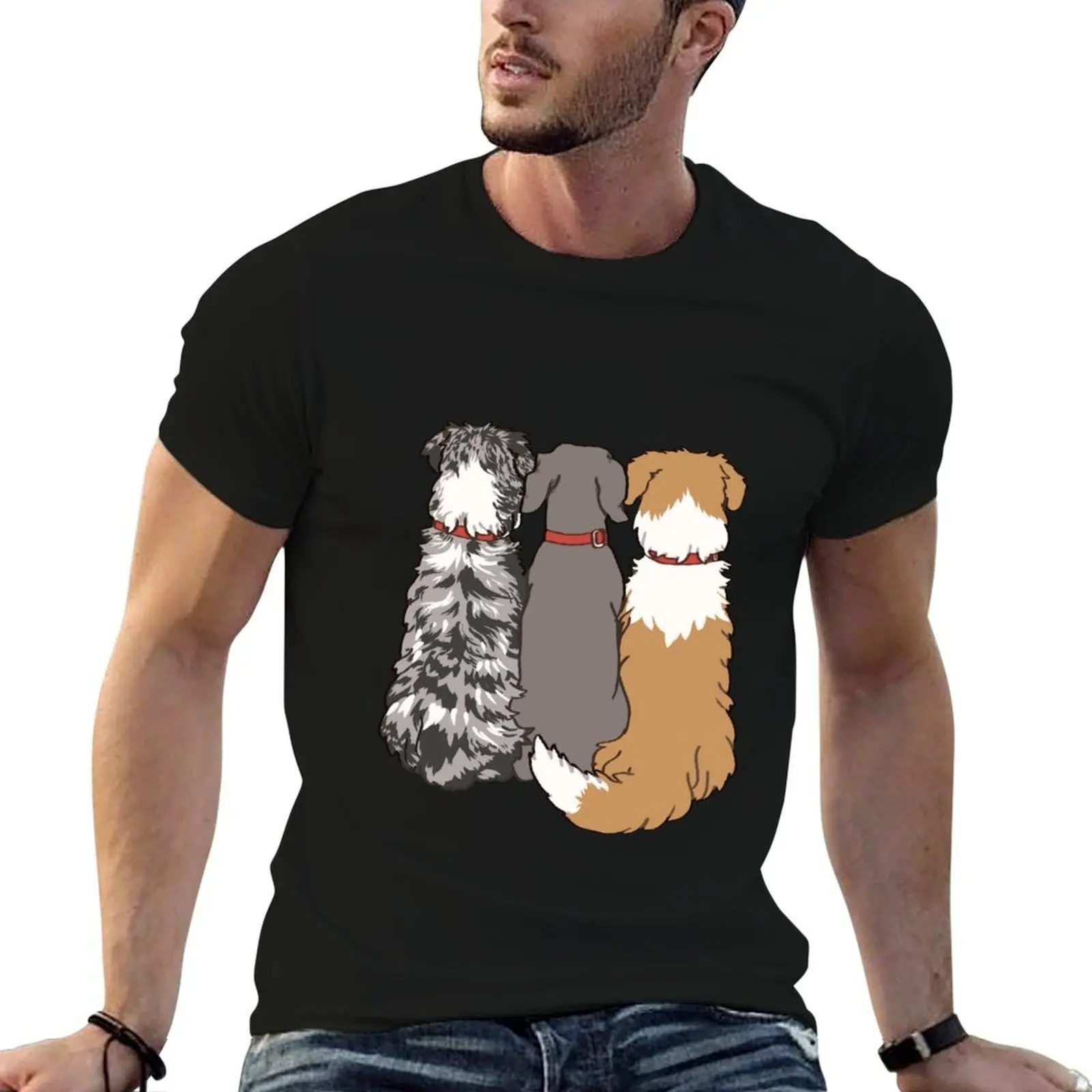 Réplica de camiseta con diseño de perros esperando que sus dueños vuelvan a casa: Weimaraner, Red Merle, Pastor australiano bicolor rojo.