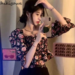 Crop Tops Summer Blouses Women 2024 Blusas Mujer De Moda Square Collar Puff Sleeve Shirts Backless Floral Chiffon Sweet Blouse