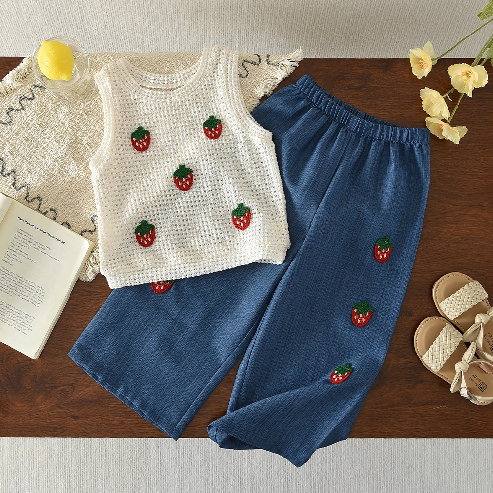 Korean Version Children's Clothing 2026 New Summer Sweet and Cute Girl's Clothes Strawberry Hollow Vest+Blue Pants Two-piece Set