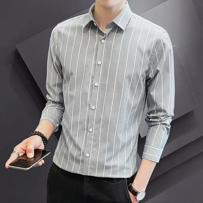 Casual Striped Long Sleeve Shirt Men's Slim Fit Anti-Wrinkle Black White Business Formal Korean Style Fashionable Shirt
