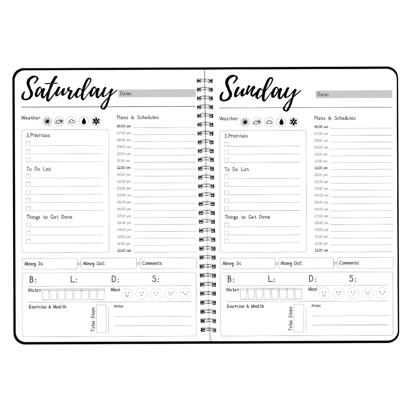 Undated 7 Days Weekly Planner Notebook with Hourly Schedule, Meal Plan, Expense Tracker, and Water Intake Tracker